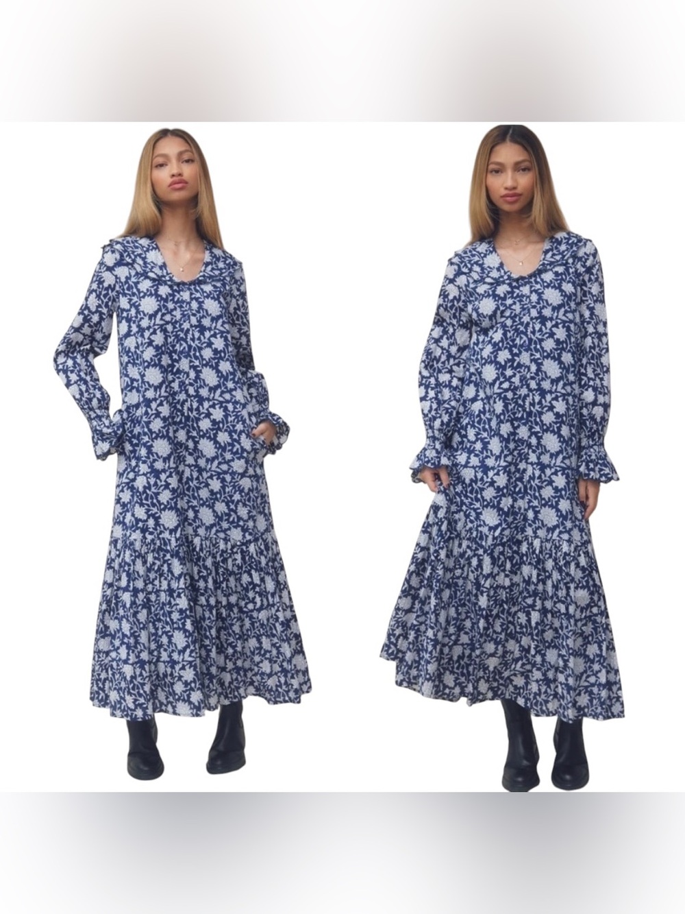 NWT Ophelia & indigo Tilly Navy Floral Tie-ruffle Neck tiered Maxi Dress medium